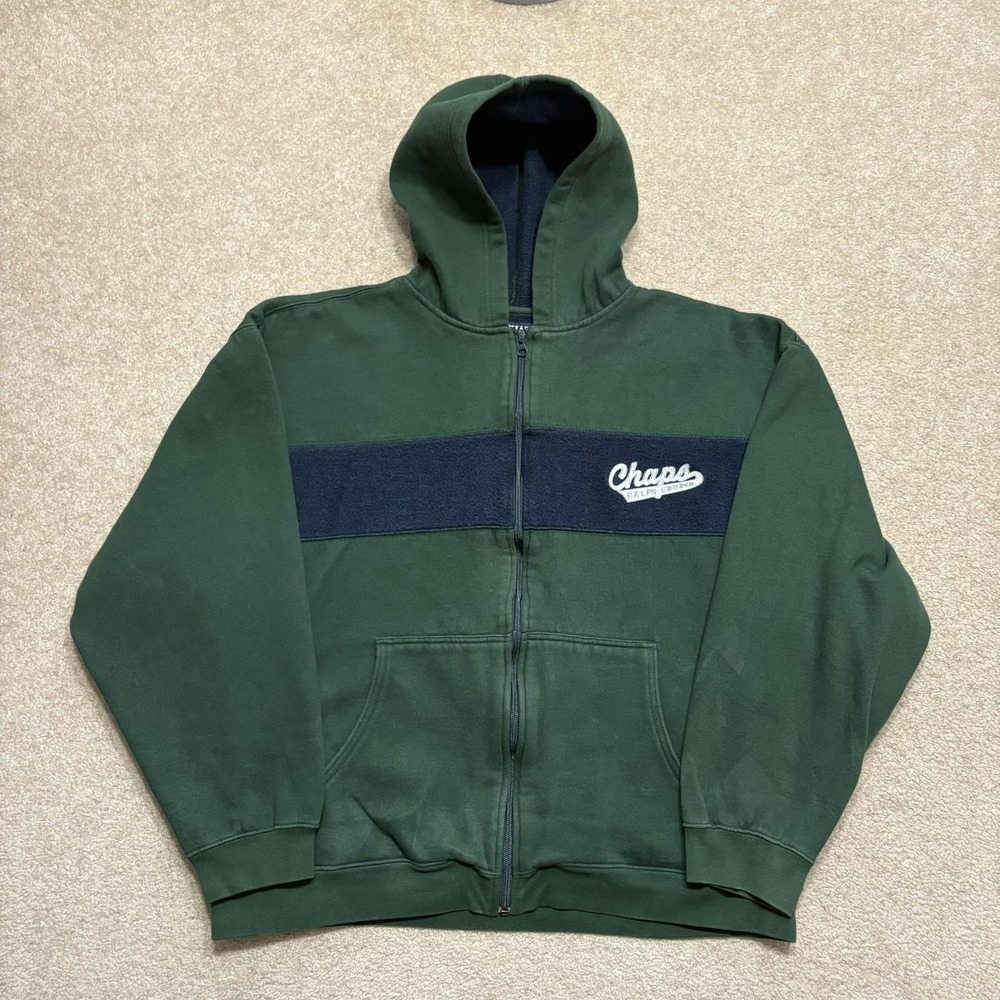 Vtg Chaps Ralph Lauren Hoodie Mens XL Green Full Zip Sweatshirt Striped 90s Twee